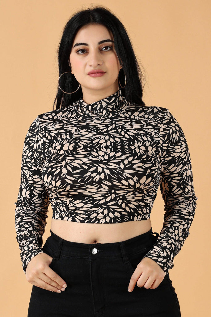 Model wearing Poly Lycra Crop Top with Pattern type: Leaf-3