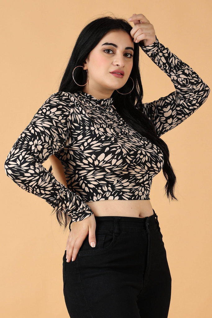 Model wearing Poly Lycra Crop Top with Pattern type: Leaf-4