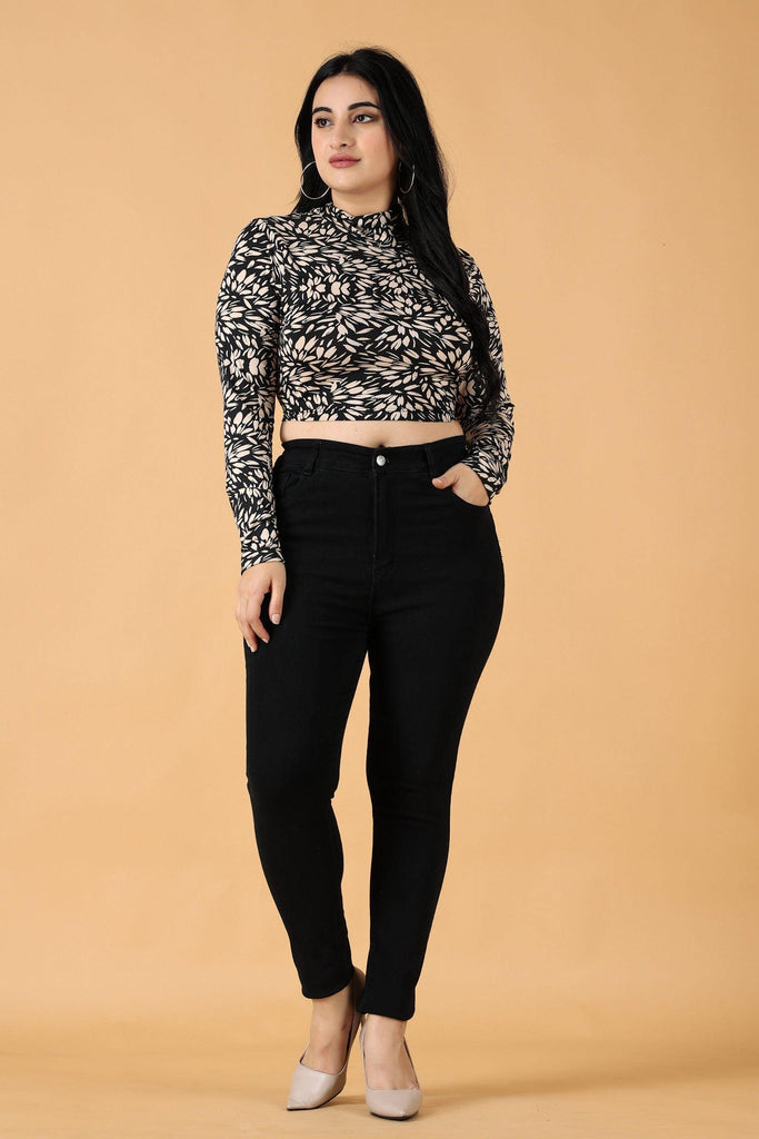 Model wearing Poly Lycra Crop Top with Pattern type: Leaf-5