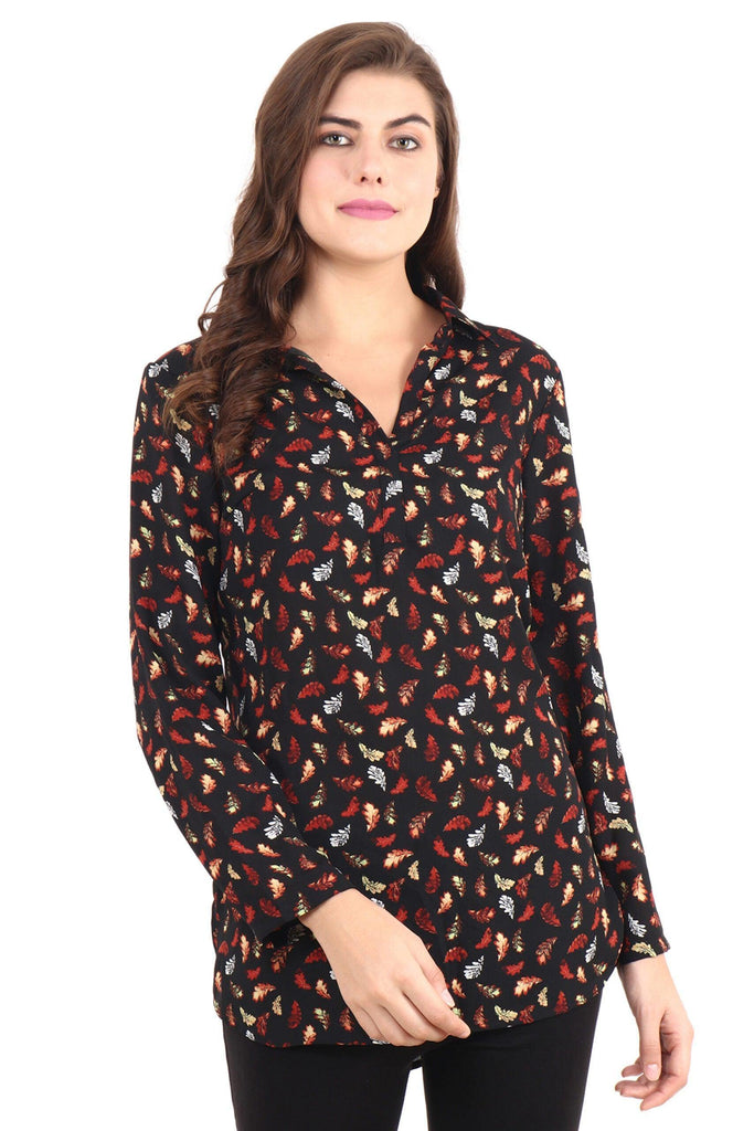 Model wearing Polyester Tunic with Pattern type: Leaf-3