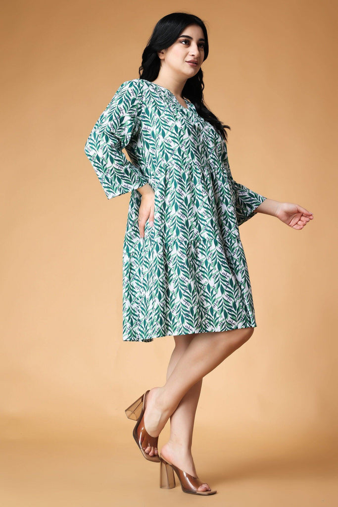 Model wearing Cotton Mini Dress with Pattern type: Leaf-3