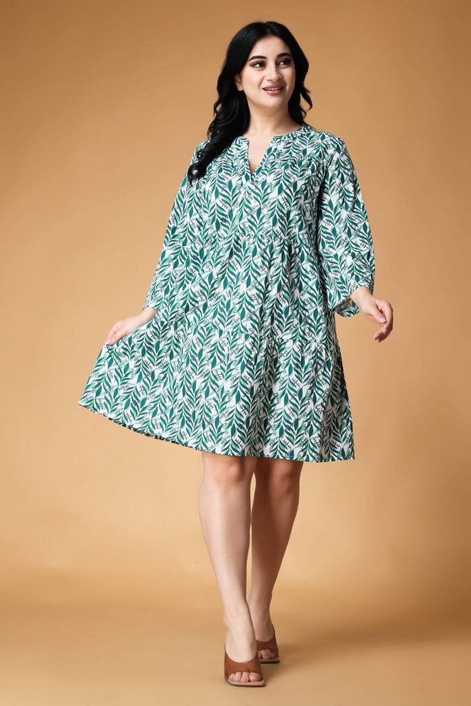 Model wearing Cotton Mini Dress with Pattern type: Leaf-5