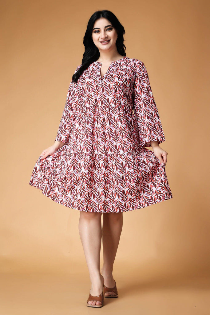 Model wearing Cotton Mini Dress with Pattern type: Leaf-8