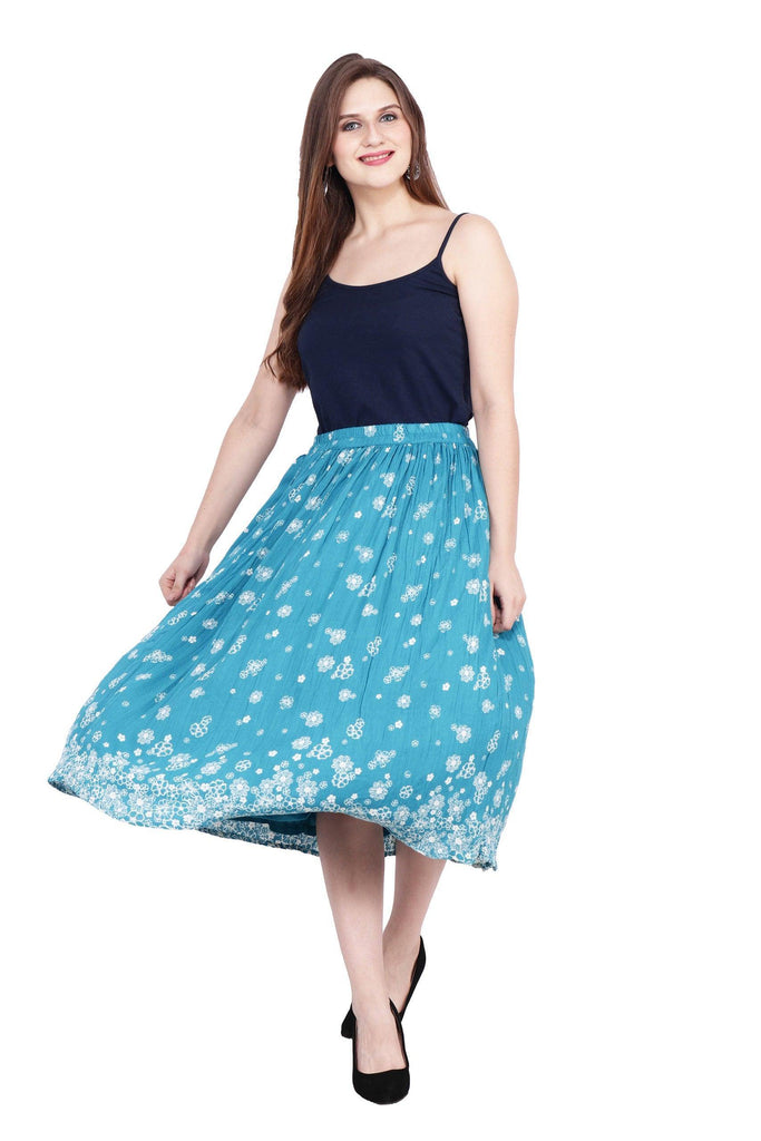 Model wearing Viscose Crepe Midi Skirt with Pattern type: Floral-1