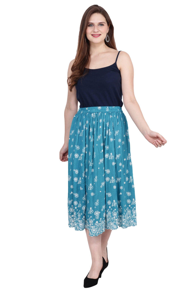 Model wearing Viscose Crepe Midi Skirt with Pattern type: Floral-2