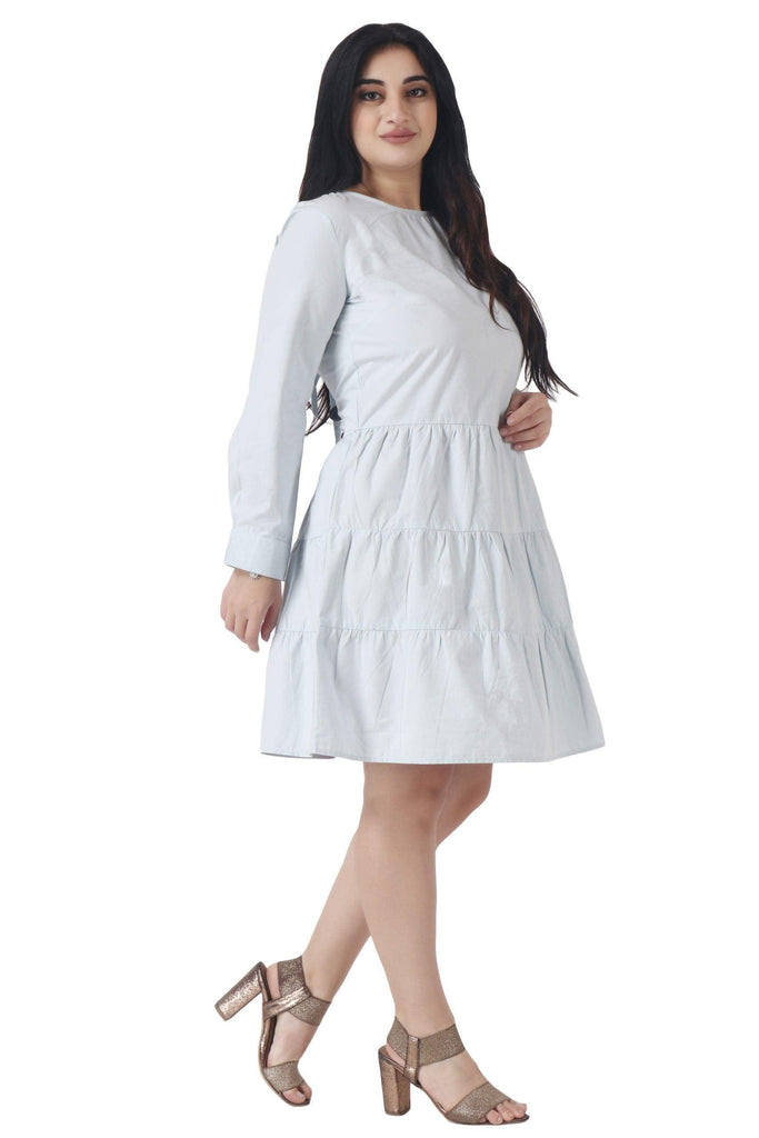 Model wearing Cotton Poplin Mini Dress with Pattern type: Solid-3