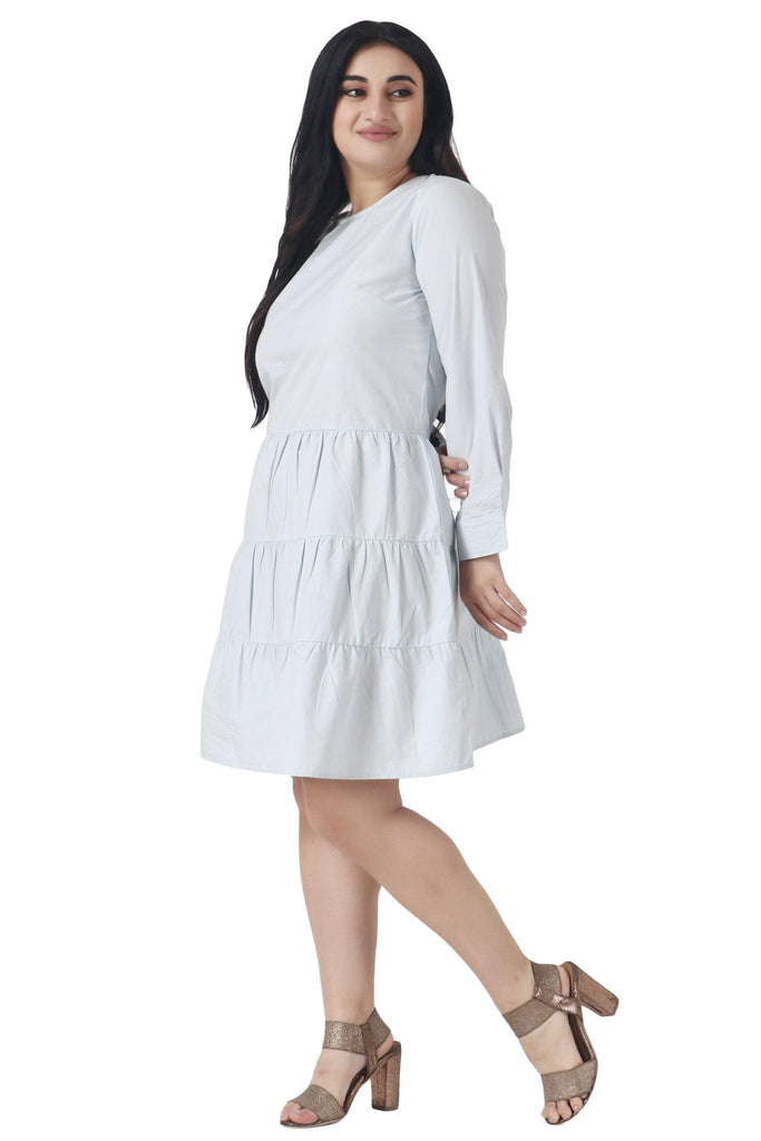 Model wearing Cotton Poplin Mini Dress with Pattern type: Solid-4