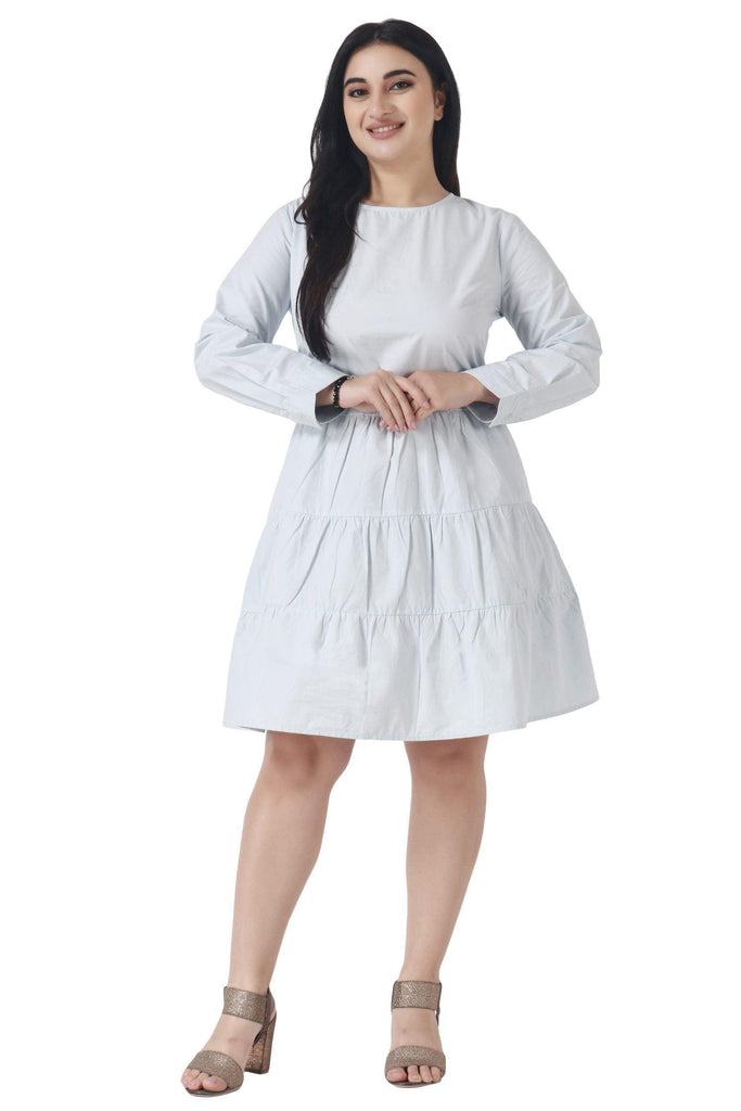 Model wearing Cotton Poplin Mini Dress with Pattern type: Solid-5