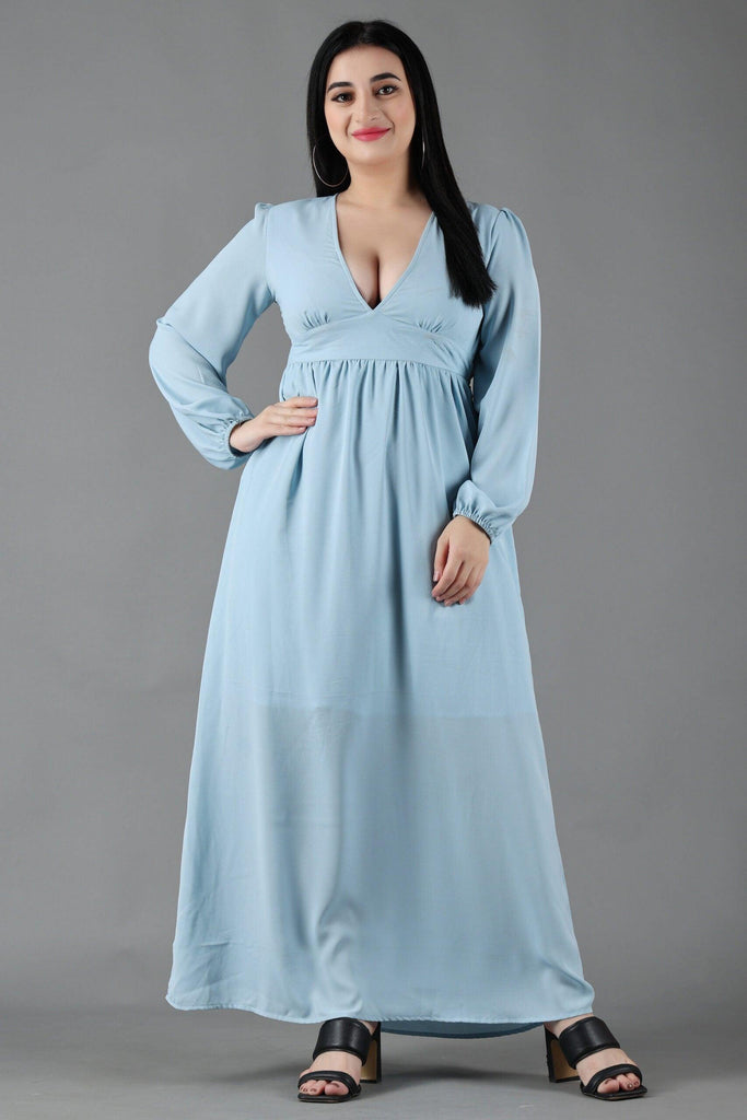 Model wearing Poly Crepe Maxi Dress with Pattern type: Solid-5
