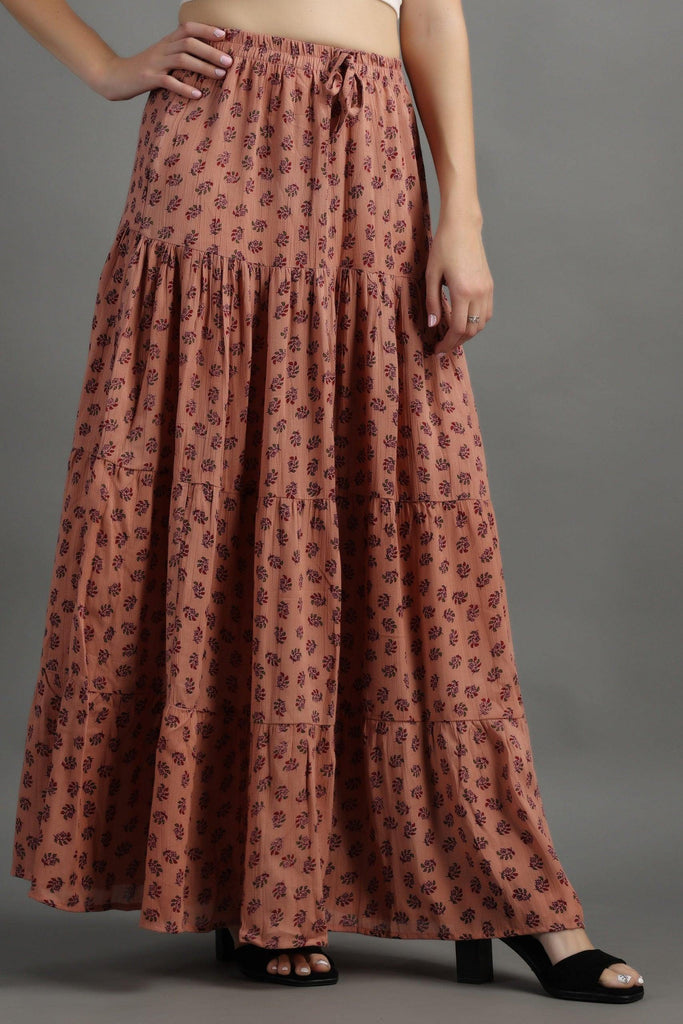 Model wearing Viscose Crepe Maxi Skirt with Pattern type: Floral-3