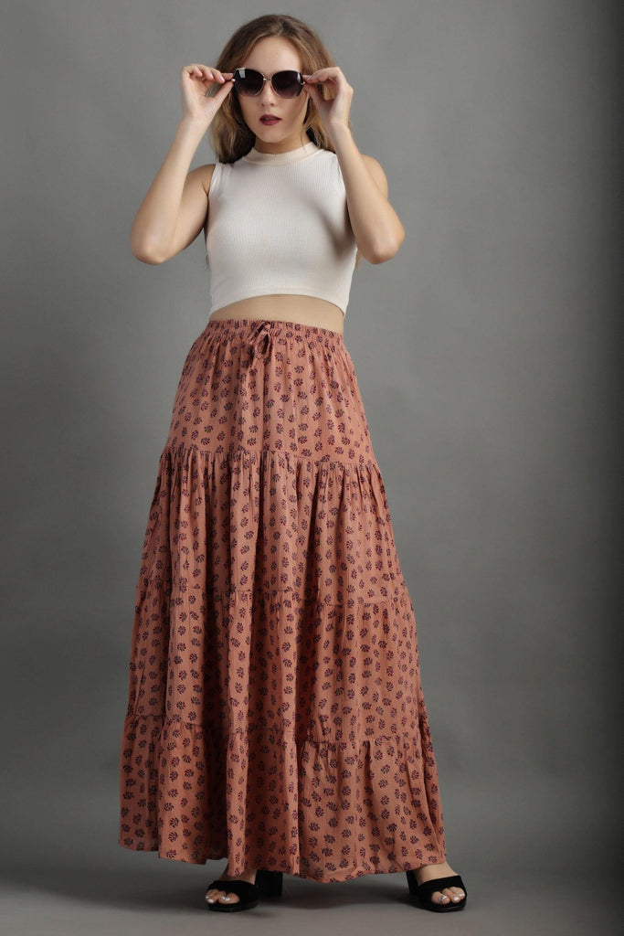 Model wearing Viscose Crepe Maxi Skirt with Pattern type: Floral-7