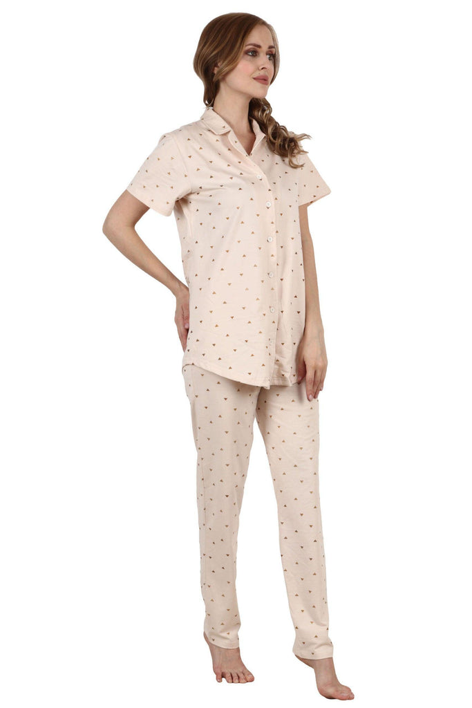 Model wearing Cotton Night Suit Set with Pattern type: Triangle-3