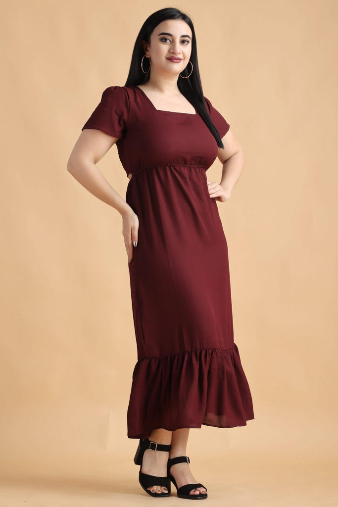 Model wearing Poly Crepe Maxi Dress with Pattern type: Solid-6