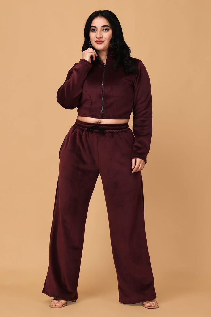 Model wearing Feather Velvet Co-ord Set with Pattern type: Solid-1