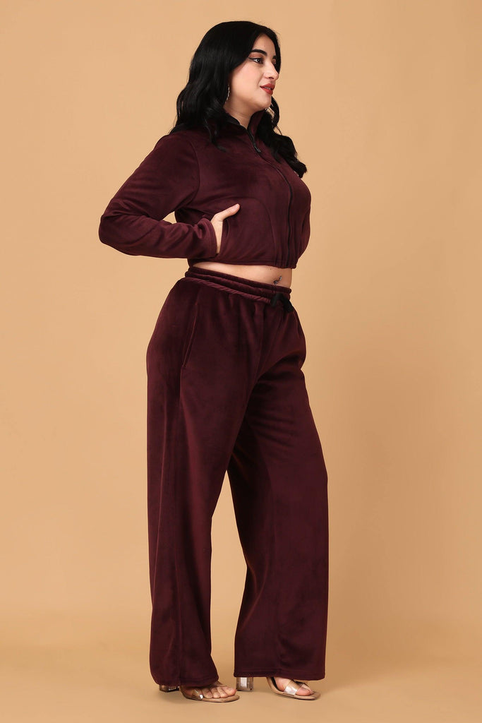 Model wearing Feather Velvet Co-ord Set with Pattern type: Solid-3