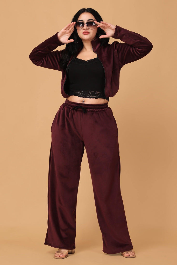 Model wearing Feather Velvet Co-ord Set with Pattern type: Solid-6