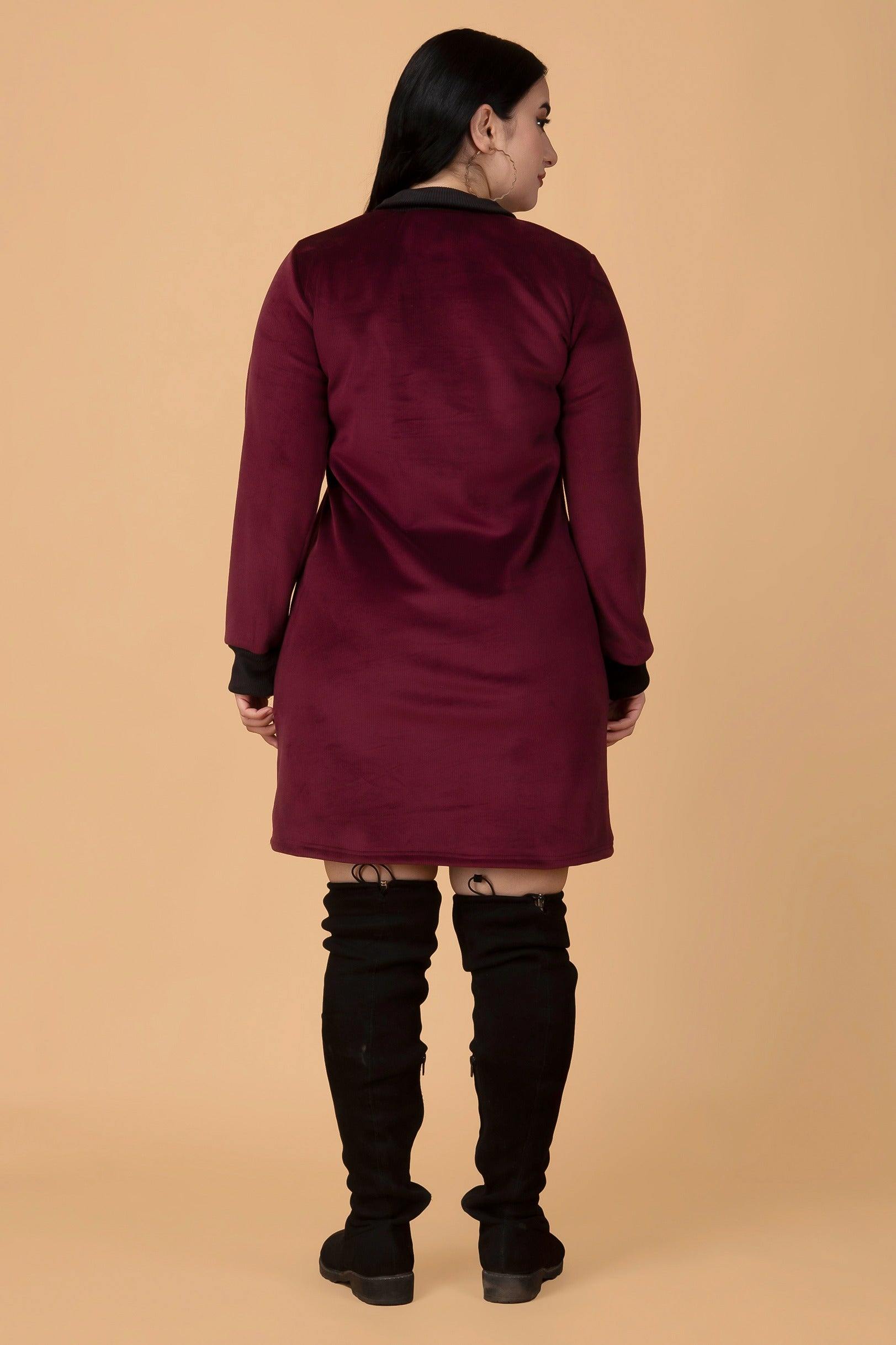 Mini Rib Maroon Party/Winter Mini Dress with Variegated Rib and Long Sleeves ...