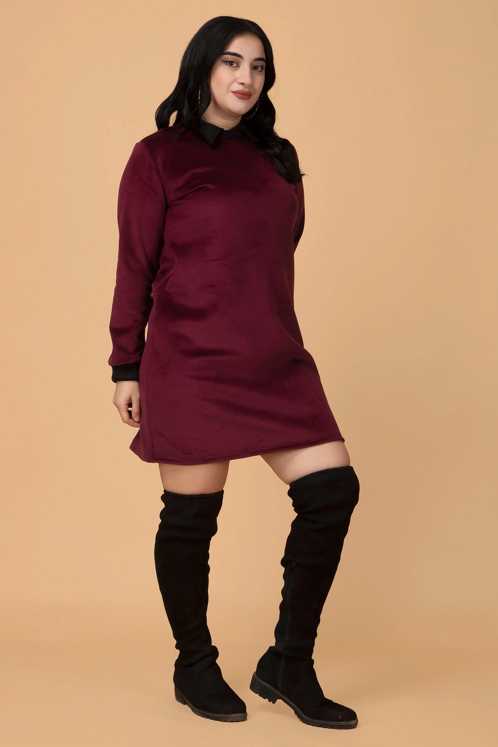 Mini Rib Maroon Party/Winter Mini Dress with Variegated Rib and Long Sleeves ...
