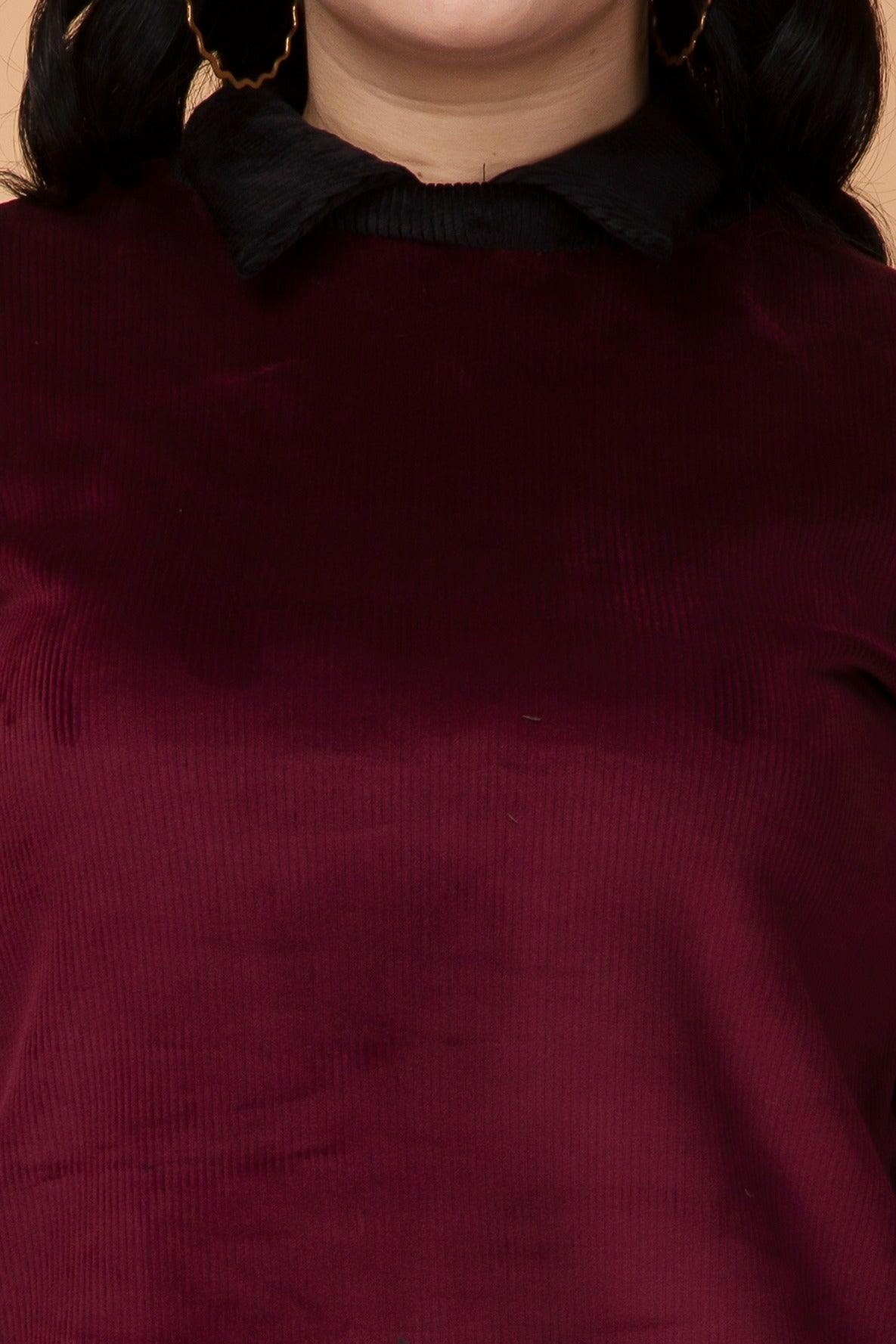 Mini Rib Maroon Party/Winter Mini Dress with Variegated Rib and Long Sleeves ...
