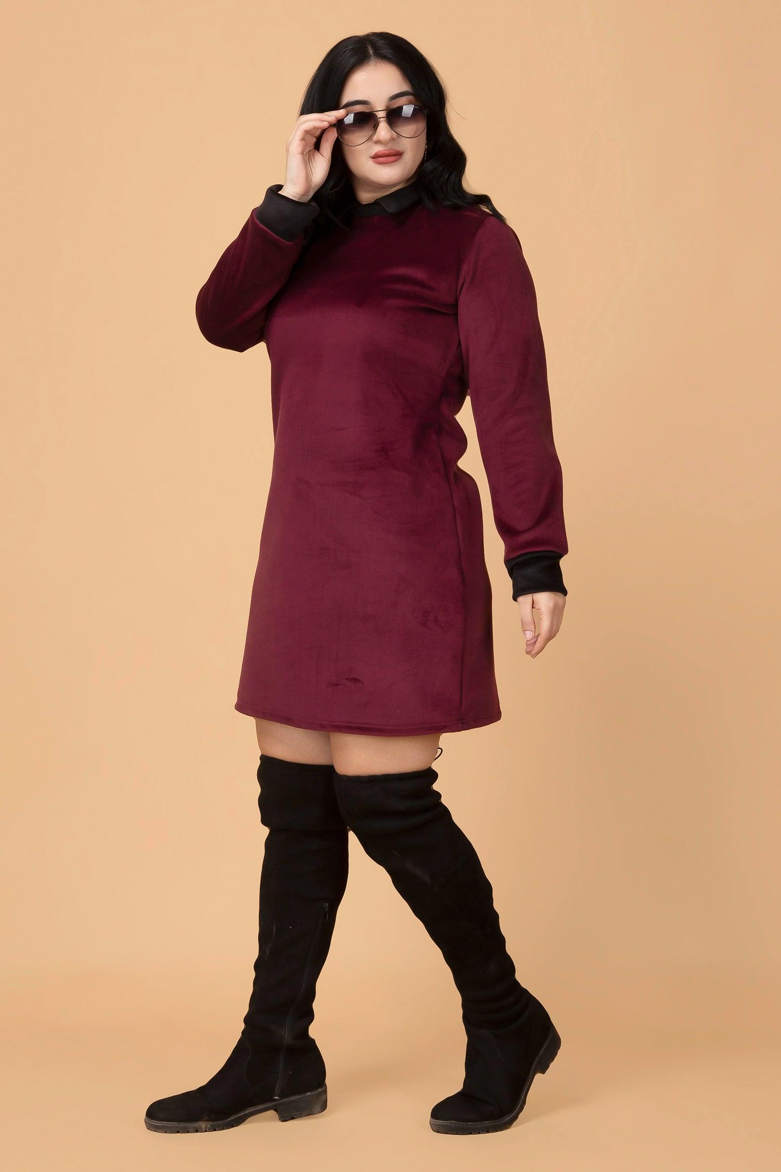 Mini Rib Maroon Party/Winter Mini Dress with Variegated Rib and Long Sleeves ...