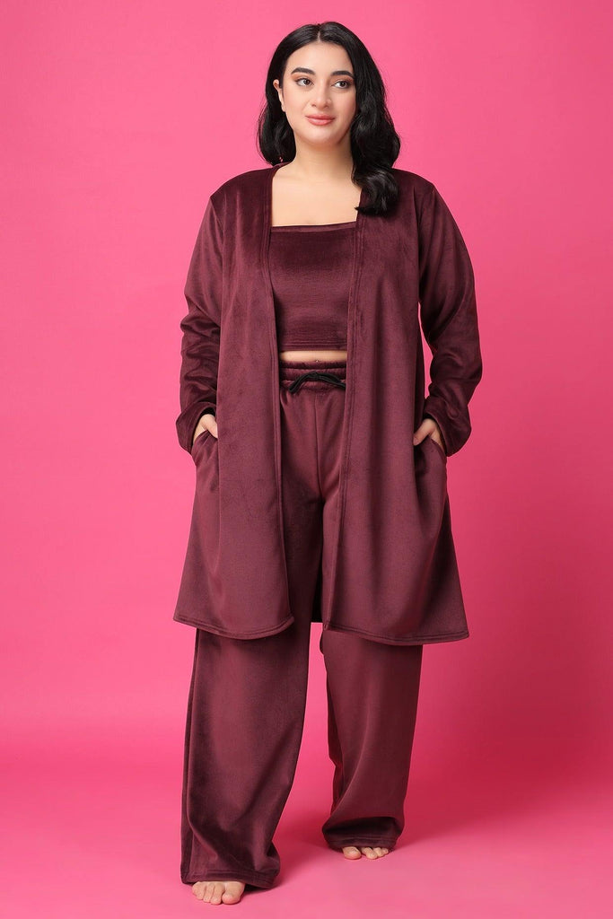 Model wearing Feather Velvet Co-ord Set with Pattern type: Solid-2