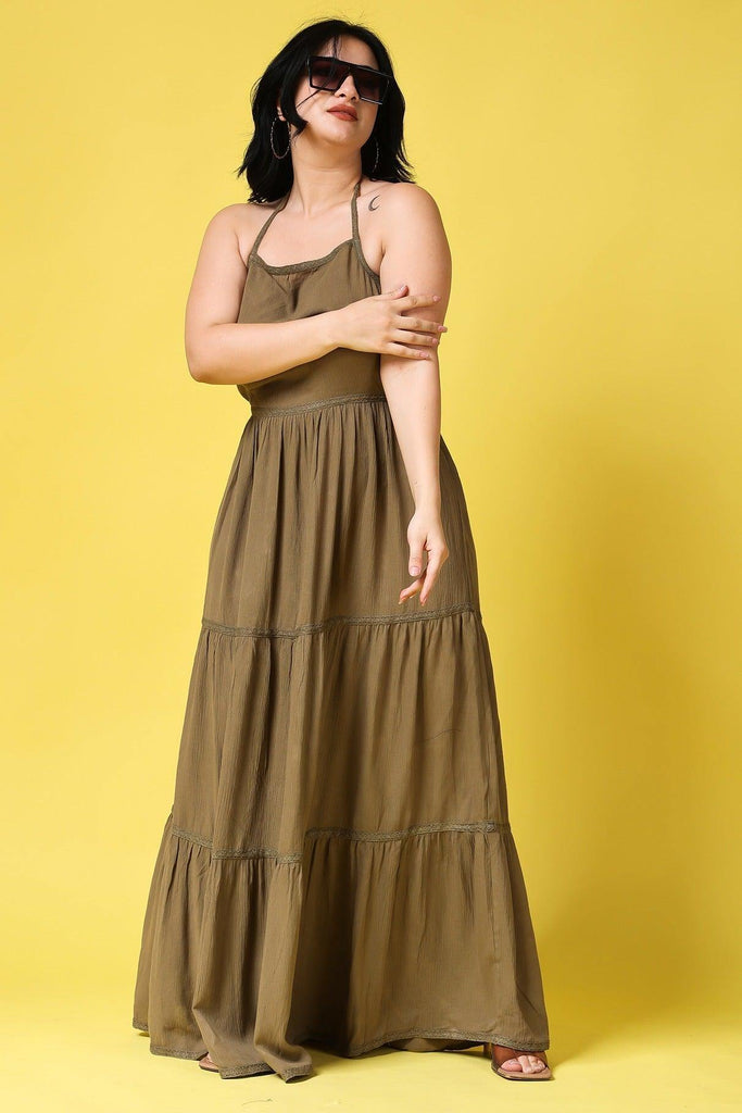 Model wearing Viscose Crepe Maxi Dress with Pattern type: Solid-6