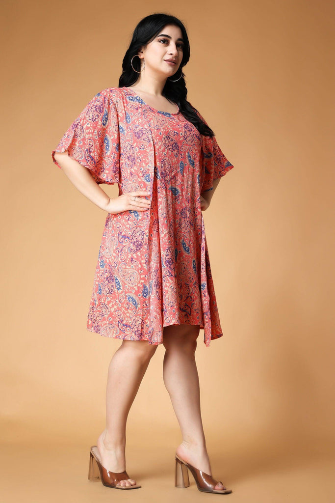 Model wearing Viscose Crepe Mini Dress with Pattern type: Motif-10