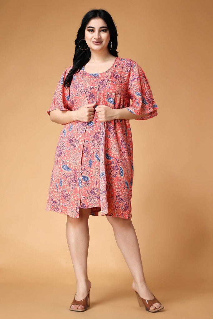 Model wearing Viscose Crepe Mini Dress with Pattern type: Motif-11