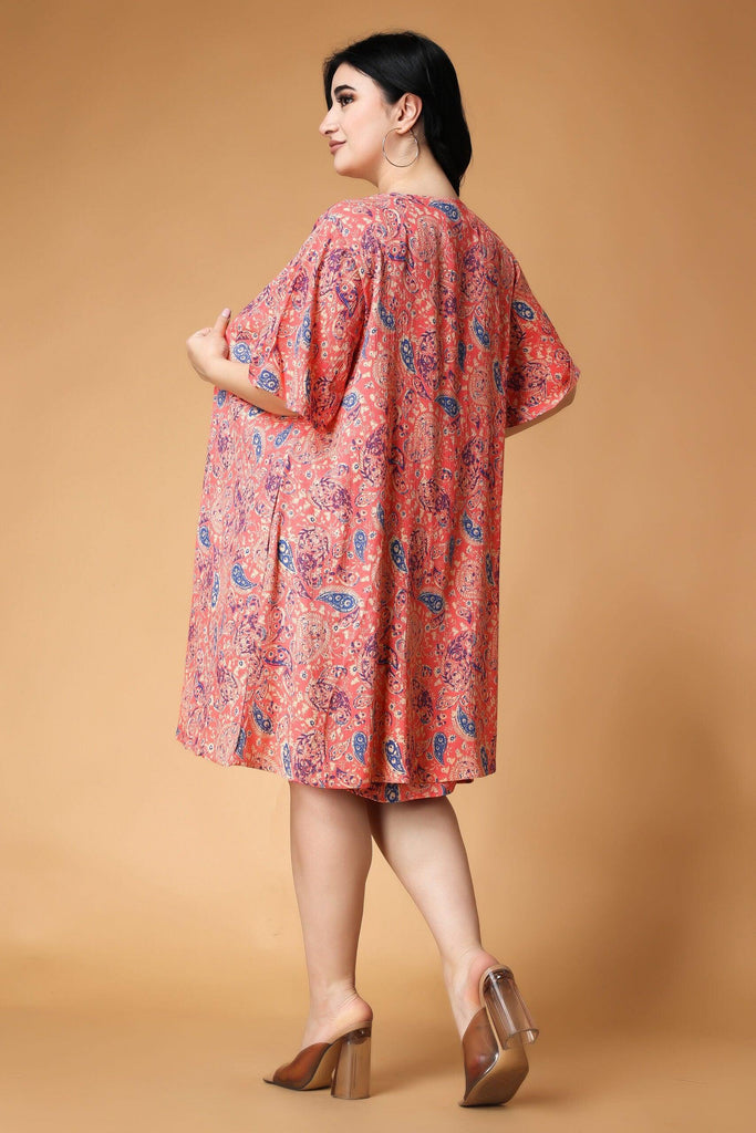 Model wearing Viscose Crepe Mini Dress with Pattern type: Motif-12