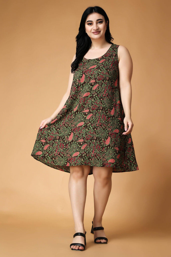 Model wearing Viscose Crepe Mini Dress with Pattern type: Motif-2