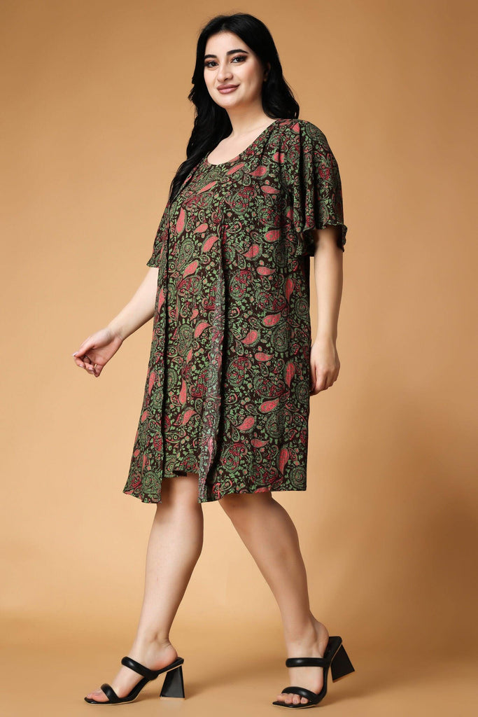 Model wearing Viscose Crepe Mini Dress with Pattern type: Motif-4