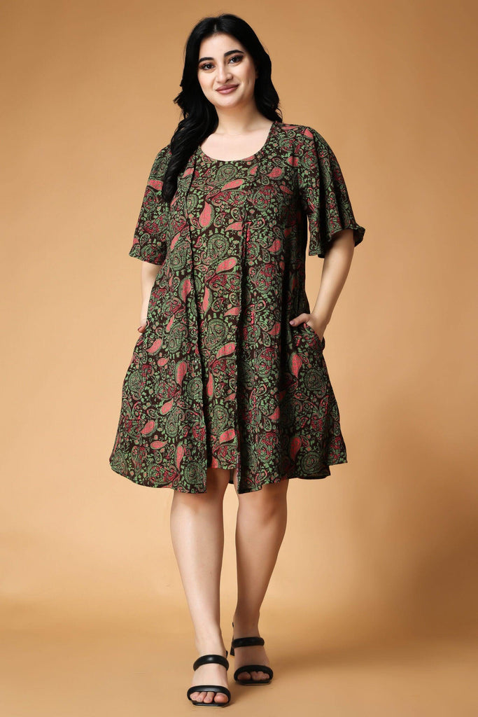 Model wearing Viscose Crepe Mini Dress with Pattern type: Motif-5