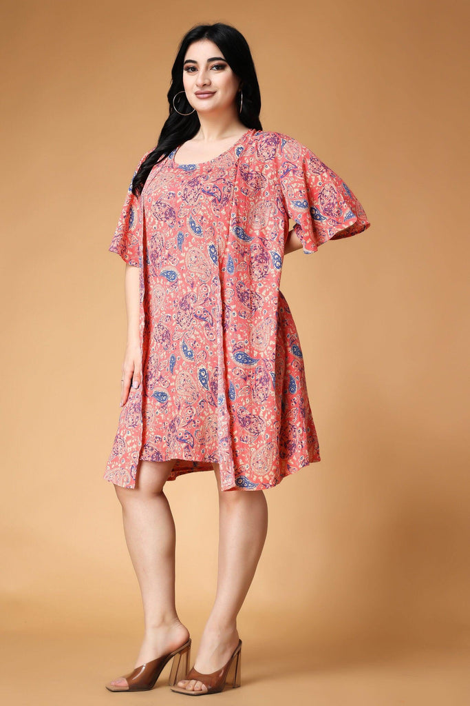 Model wearing Viscose Crepe Mini Dress with Pattern type: Motif-7