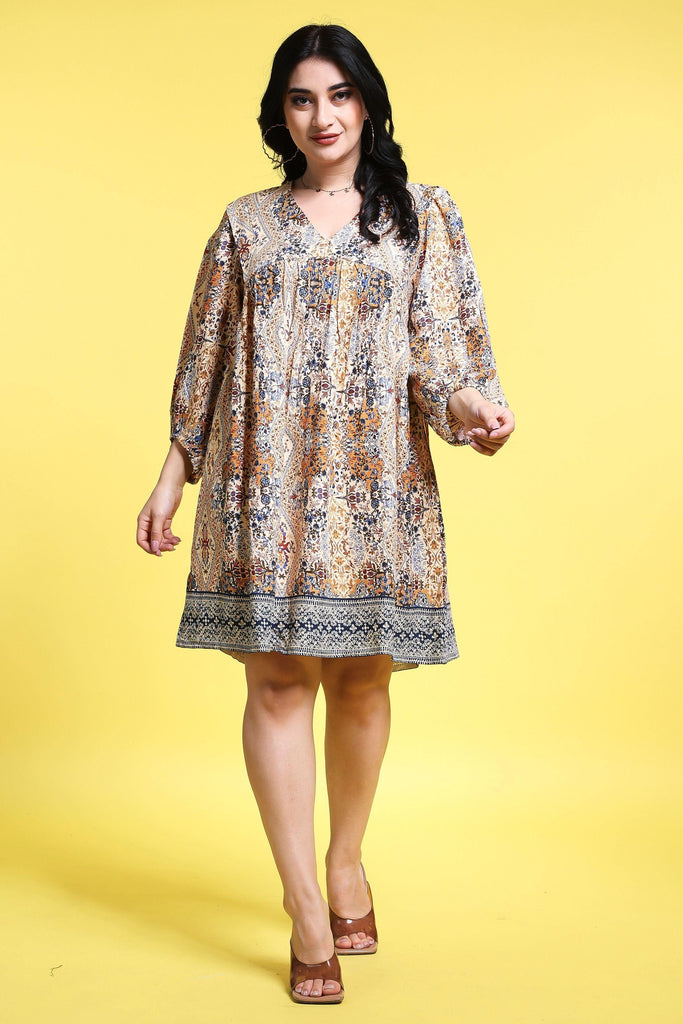 Model wearing Rayon Mini Dress with Pattern type: Abstract-2