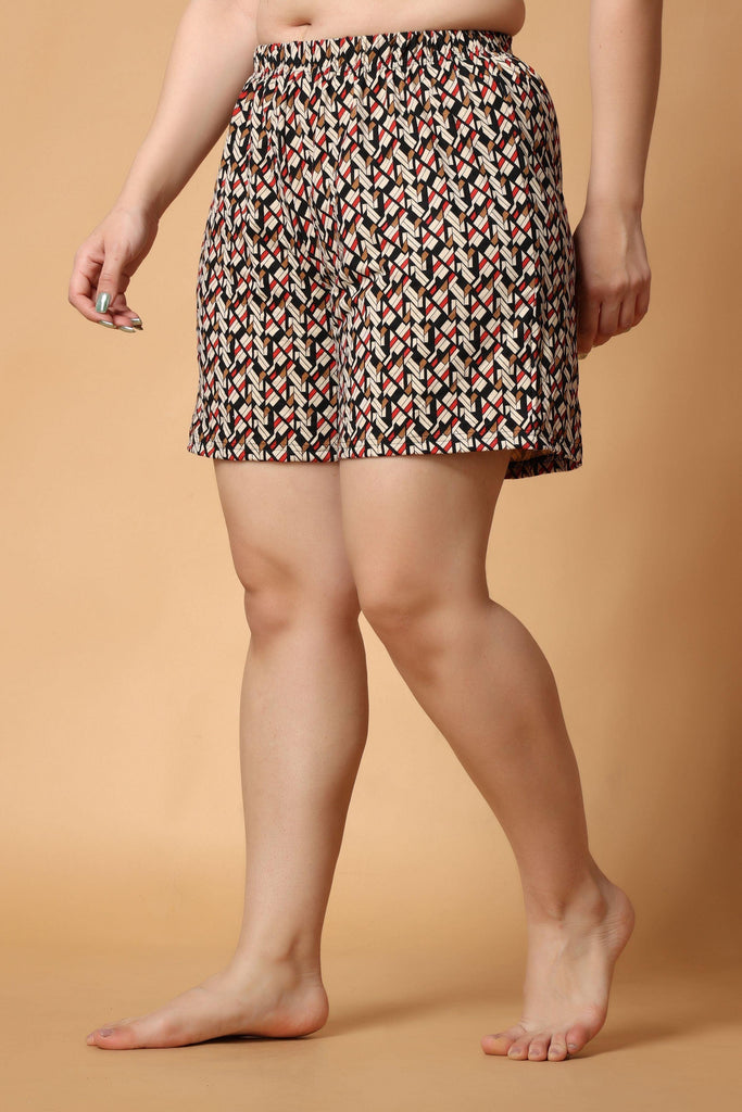Model wearing Cotton Lycra Shorts with Pattern type: Geometric-3