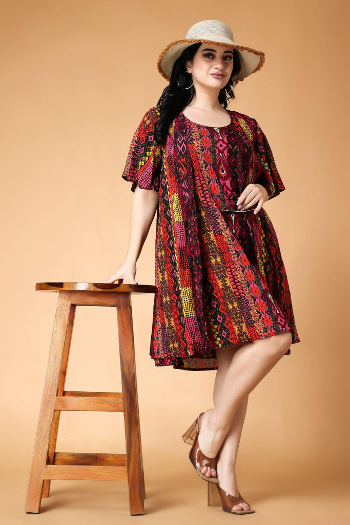 Model wearing Viscose Crepe Mini Dress with Pattern type: Abstract-1