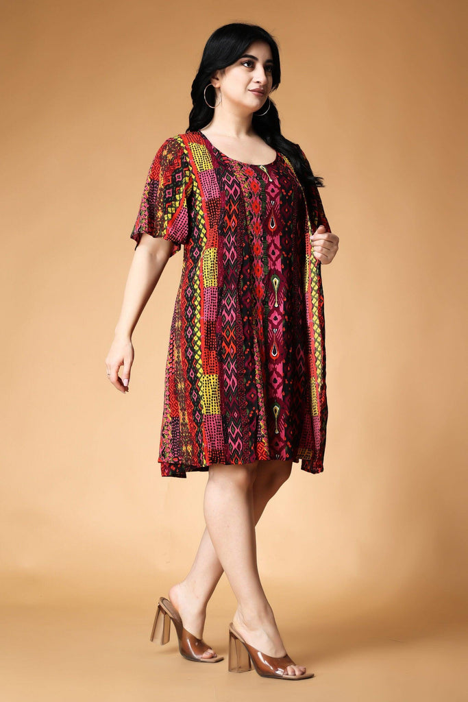 Model wearing Viscose Crepe Mini Dress with Pattern type: Abstract-3
