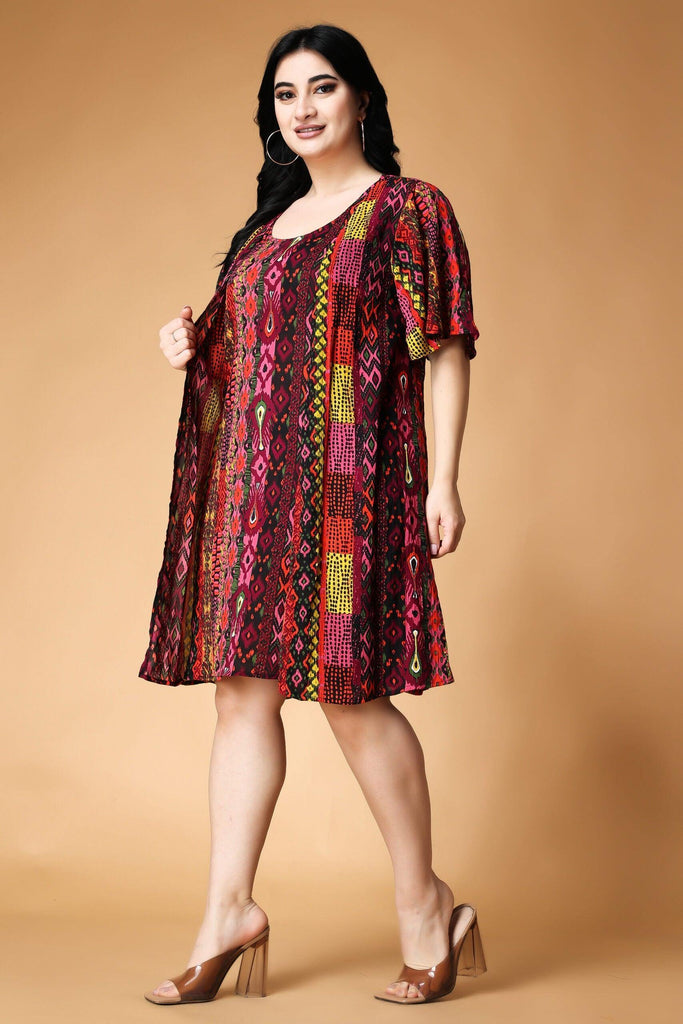 Model wearing Viscose Crepe Mini Dress with Pattern type: Abstract-5