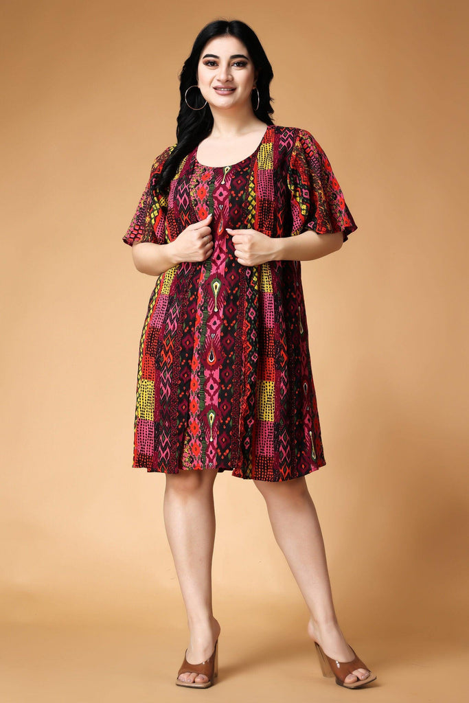 Model wearing Viscose Crepe Mini Dress with Pattern type: Abstract-6