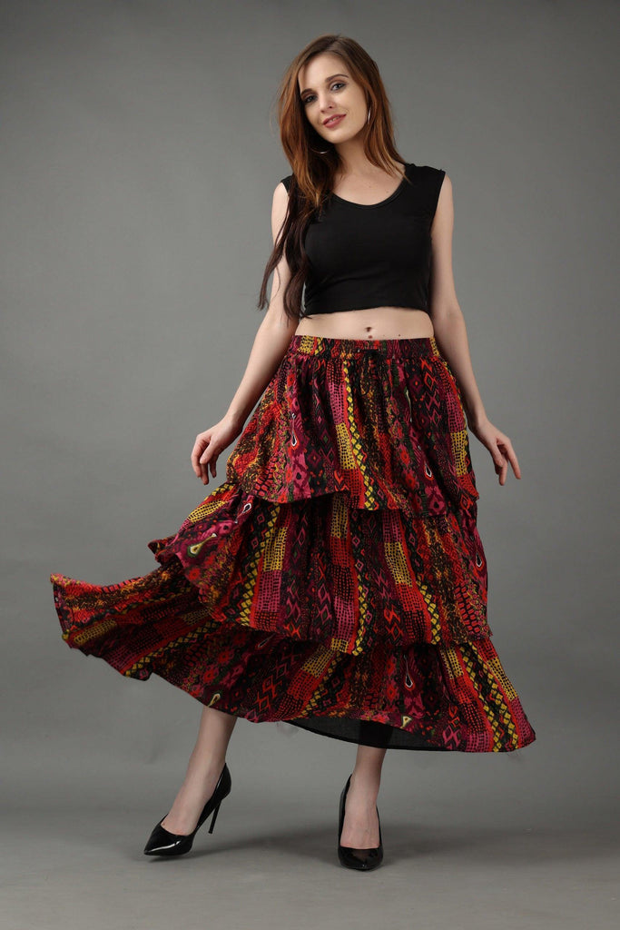 Model wearing Viscose Crepe Maxi Skirt with Pattern type: Abstract-1