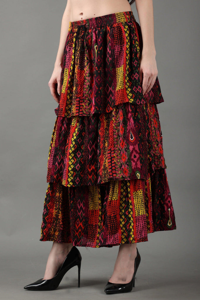 Model wearing Viscose Crepe Maxi Skirt with Pattern type: Abstract-3