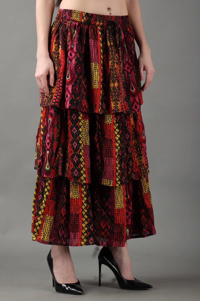 Model wearing Viscose Crepe Maxi Skirt with Pattern type: Abstract-4