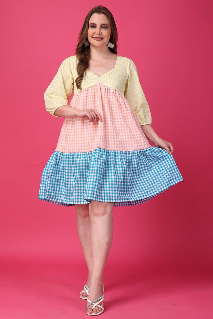 Model wearing Cotton Mini Dress with Pattern type: Checked-2