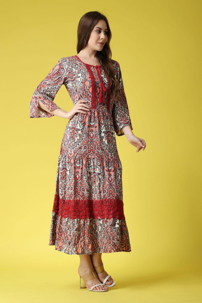 Model wearing Viscose Crepe Maxi Dress with Pattern type: Ehtnic-1