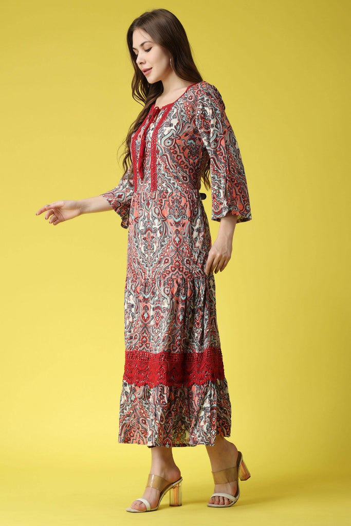 Model wearing Viscose Crepe Maxi Dress with Pattern type: Ehtnic-3