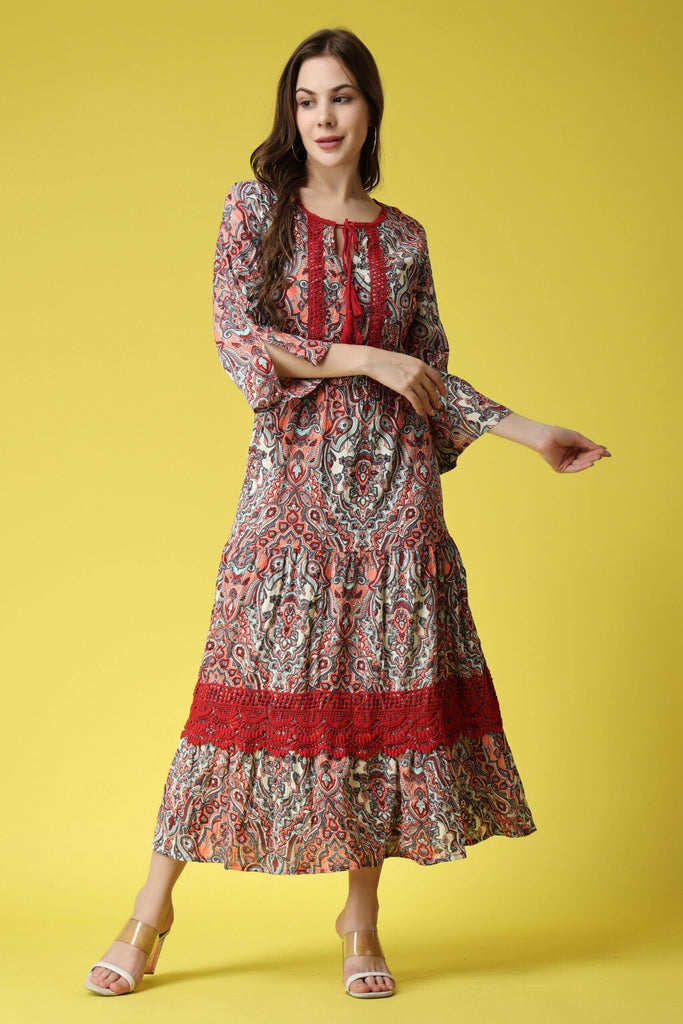Model wearing Viscose Crepe Maxi Dress with Pattern type: Ehtnic-4