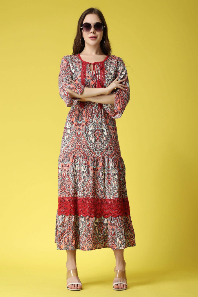 Model wearing Viscose Crepe Maxi Dress with Pattern type: Ehtnic-7