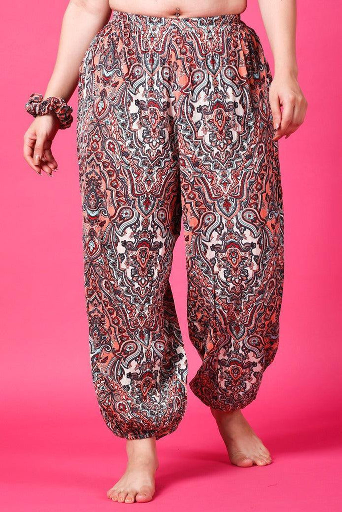 Model wearing Viscose Crepe Harem Pants with Pattern type: Ethnic-2