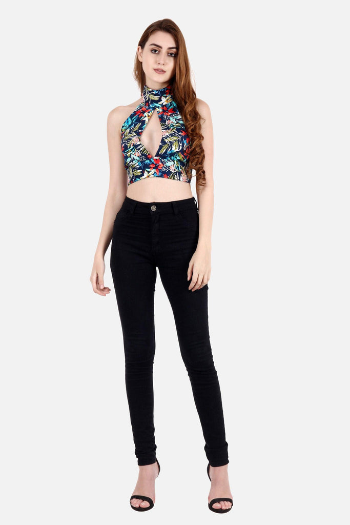 Model wearing Rayon Crop Top with Pattern type: Floral-2