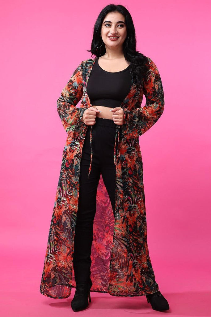 Model wearing Polyster Georgette Shrug with Pattern type: Floral-2